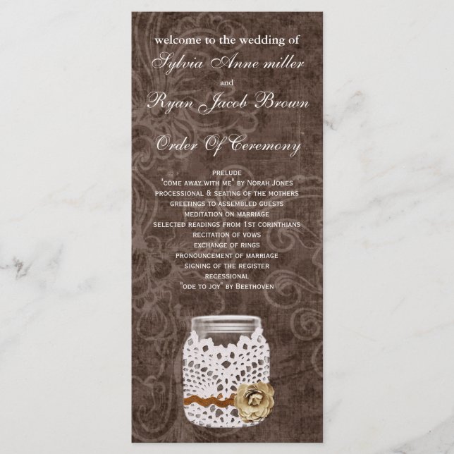 Rustic Lace Wrapped Mason Jar Wedding Programme (Front)