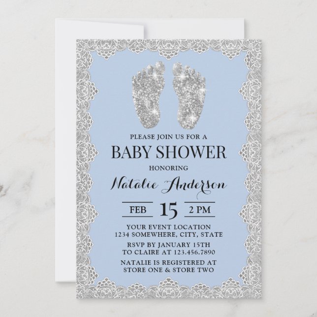 Rustic Laced Silver Feet Light Blue Baby Shower Invitation (Front)