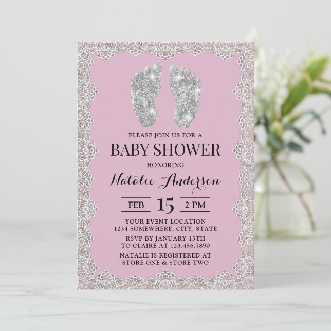 Rustic Laced Silver Feet Pink Gril Baby Shower Invitation (Standing Front)