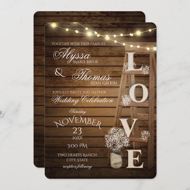Rustic Ladder and Lights Love Wedding Invitation (Front/Back)