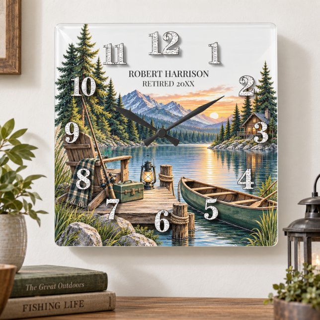 Rustic Lake Fishing Retirement Gift Square Wall Clock (Creator Uploaded)