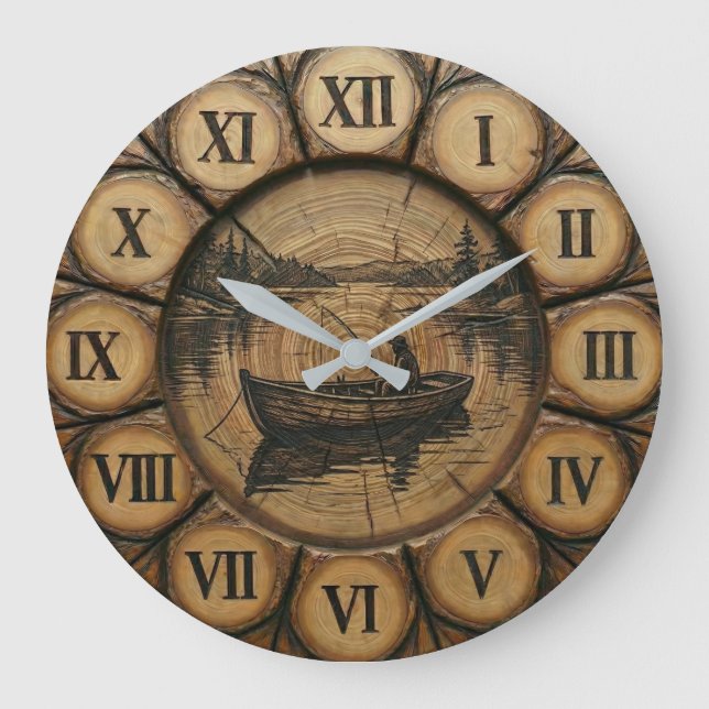 Rustic Lake Fishing Wall Clock | Wood style  (Front)