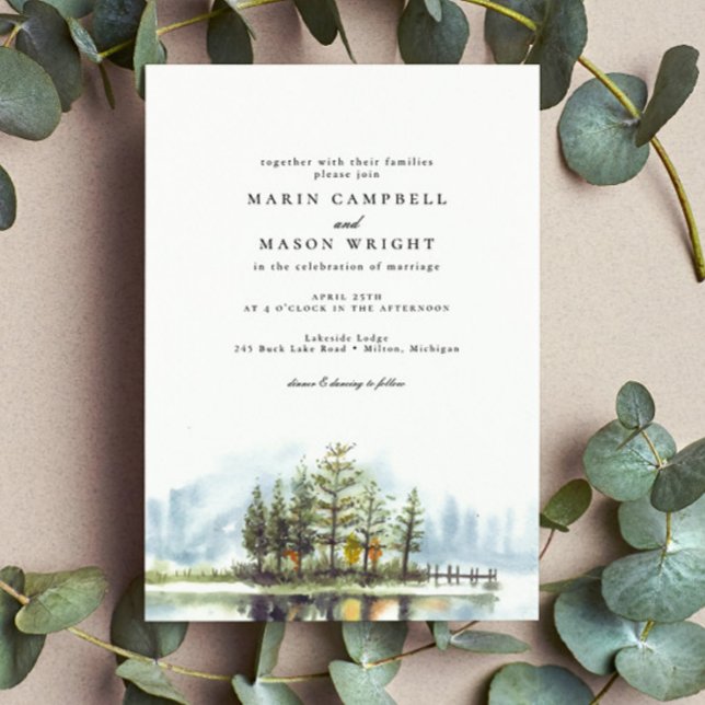 Rustic Lake Forest Watercolor Woodland Wedding Invitation (Creator Uploaded)