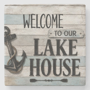 Rustic Lake House Anchor Nautical Coastal Stone Coaster