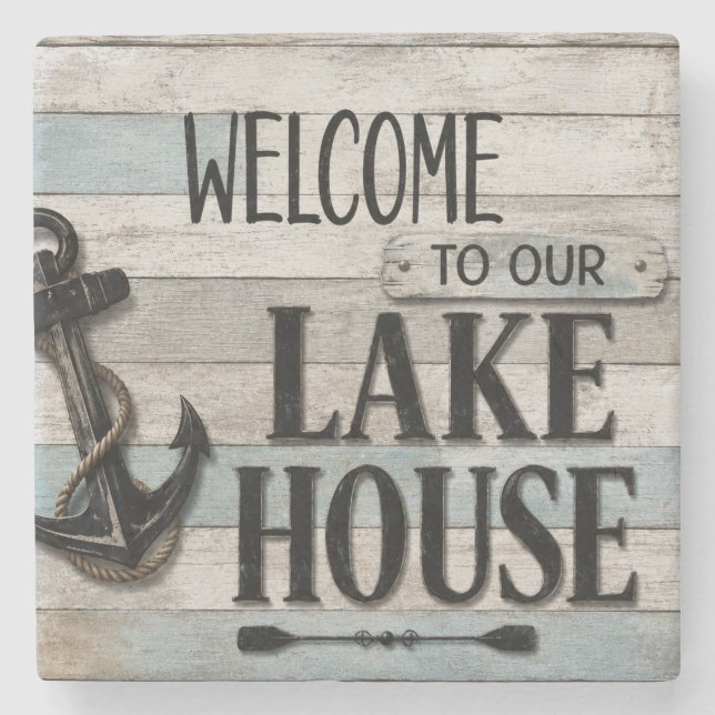 Rustic Lake House Anchor Nautical Coastal  Stone Coaster (Front)