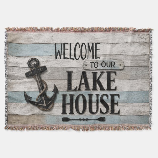 Rustic Lake House Anchor Nautical Coastal  Throw Blanket (Front)