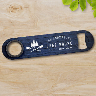 Rustic Lake House Boat Oars Trees Blue Wood Print
