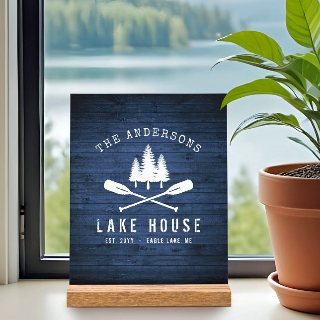 Rustic Lake House Boat Oars Trees Blue Wood Print Acrylic Sign (Creator Uploaded)