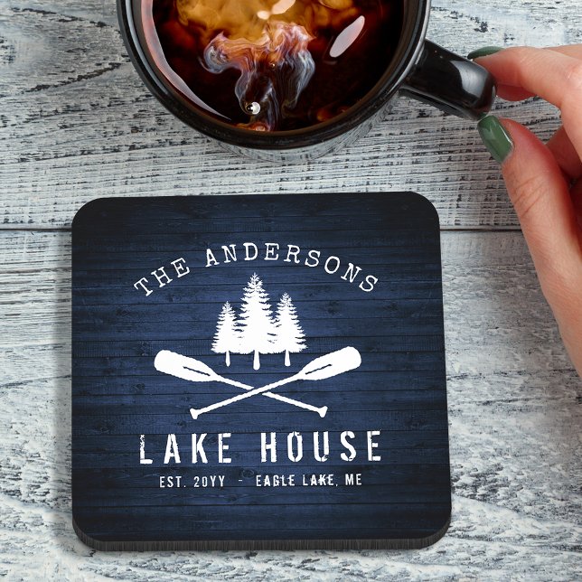 Rustic Lake House Boat Oars Trees Blue Wood Print Coaster (Creator Uploaded)