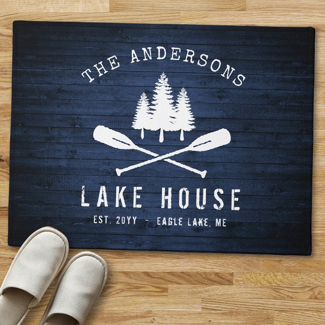 Rustic Lake House Boat Oars Trees Blue Wood Print Doormat (Creator Uploaded)