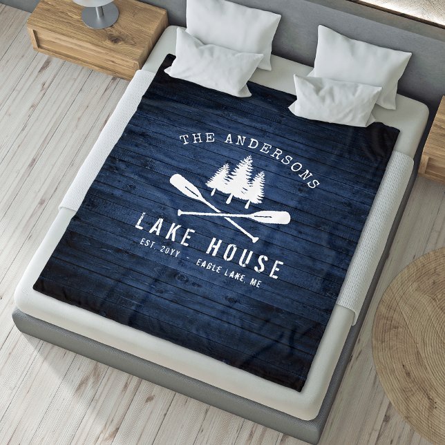 Rustic Lake House Boat Oars Trees Blue Wood Print Fleece Blanket (Several sizes to choose from.)