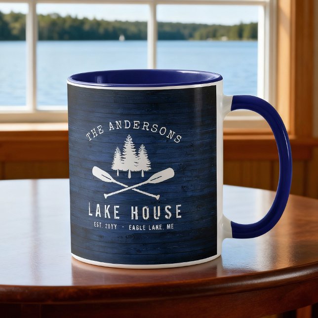 Rustic Lake House Boat Oars Trees Blue Wood Print Mug (Creator Uploaded)