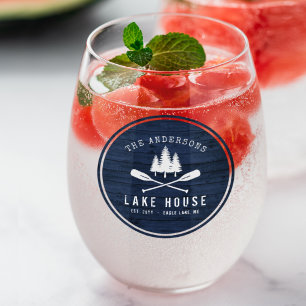 Rustic Lake House Boat Oars Trees Blue Wood Print Stemless Wine Glass