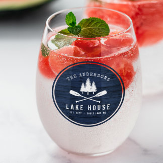 Rustic Lake House Boat Oars Trees Blue Wood Print Stemless Wine Glass