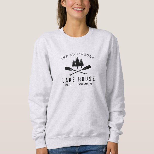 Rustic Lake House Boat Oars Trees Family Name Sweatshirt (Front)