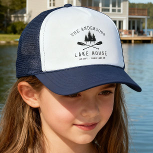 Rustic Lake House Boat Oars Trees Family Name Trucker Hat