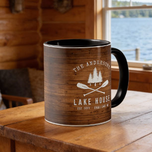 Rustic Lake House Boat Oars Trees Wood Print Mug