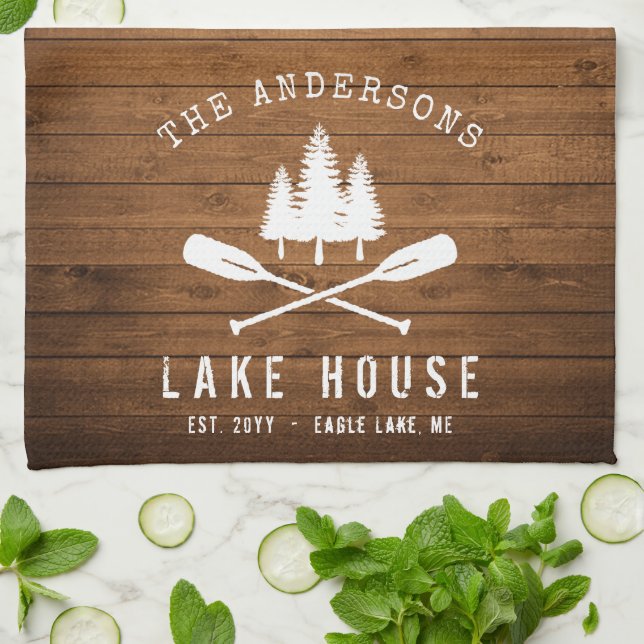 Rustic Lake House Boat Oars Trees Wood Print Tea Towel (Folded)
