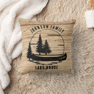 Rustic Lake House Custom Family Name Cushion