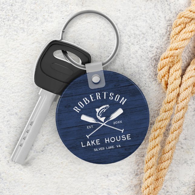 Rustic Lake House Family Name Blue Wood Key Ring (Creator Uploaded)