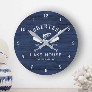 Rustic Lake House Family Name Blue Wood Round Clock