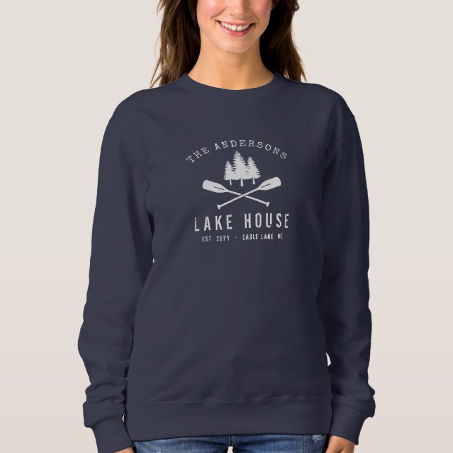 Rustic Lake House Family Name Boat Oars Trees Sweatshirt (Front)