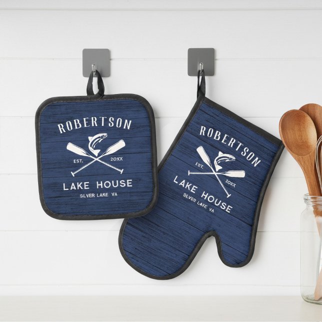 Rustic Lake House Family Name Navy Blue Wood Oven Mitt & Pot Holder Set (Creator Uploaded)