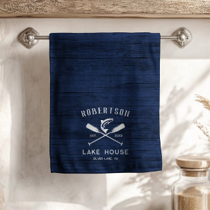 Rustic Lake House Family Name Navy Blue Wood Tea Towel