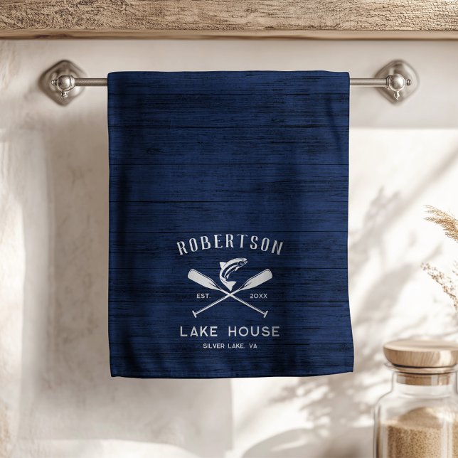 Rustic Lake House Family Name Navy Blue Wood Tea Towel (Creator Uploaded)