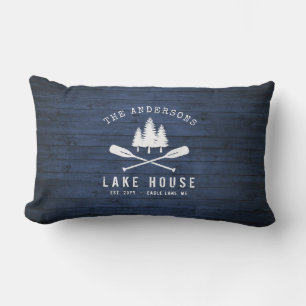 Rustic Lake House Oars Trees Blue Wood Print Patio Lumbar Cushion