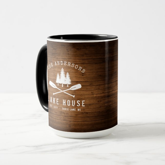 Rustic Lake House Oars Trees Wood Print Large Mug (Front Left)