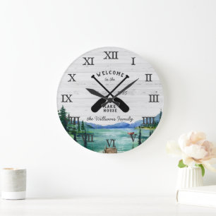 Rustic Lake House Themed Family Name Large Clock