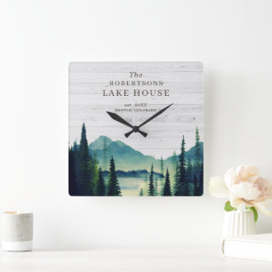 Rustic Lake House Themed Family Name Square Wall Clock