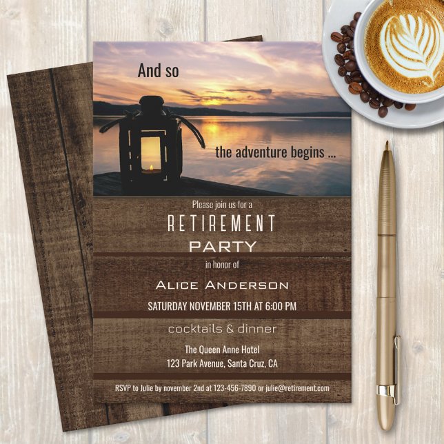 Rustic Lake Lantern Sunset Retirement Party Invita Invitation (Creator Uploaded)