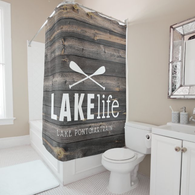 Rustic Lake Life Paddles Personalised Shower Curtain (In Situ)
