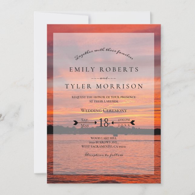 Rustic Lake Sunset Lakeside Wedding Invites © (Front)