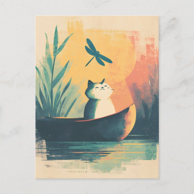 Rustic Lake Vintage Cat Adventure Holiday Postcard (Front)