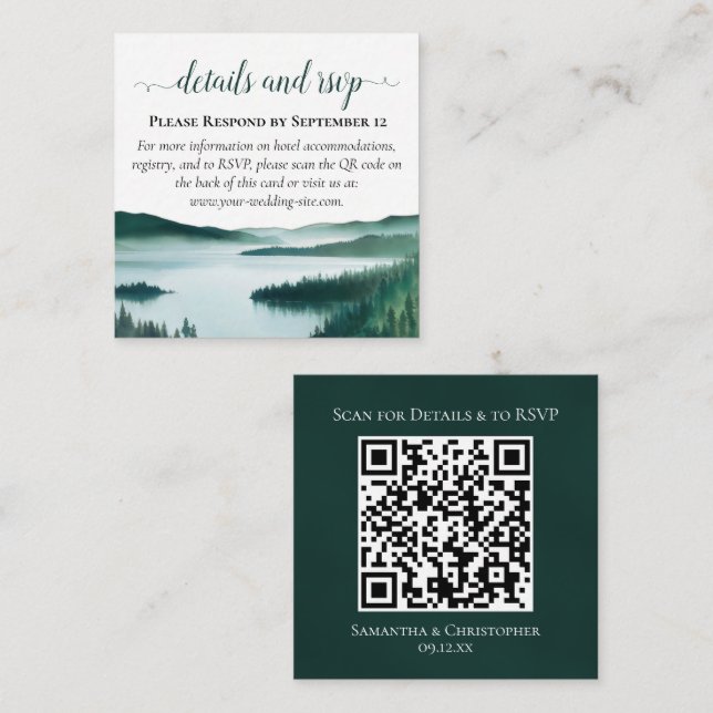  Rustic Lake Wedding Details & RSVP Online QR Code Enclosure Card (Front/Back)