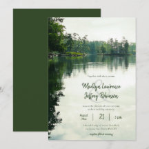 Rustic lakeside evergreens reflection wedding