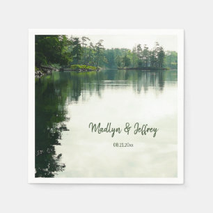 Rustic lakeside evergreens reflection wedding napkin