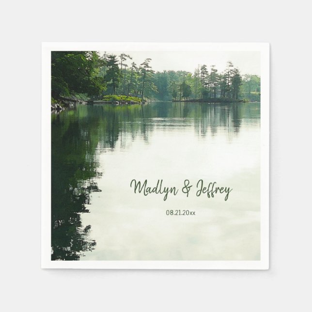 Rustic lakeside evergreens reflection wedding napkin (Front)