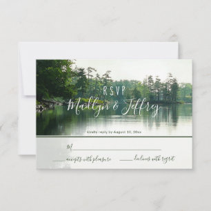 Rustic lakeside evergreens reflection wedding rsvp card