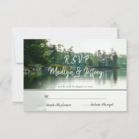 Rustic lakeside evergreens reflection wedding rsvp