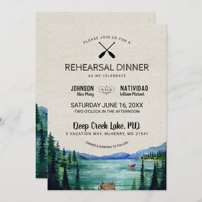 Rustic Lakeside Wedding Rehearsal Dinner Invitation (Front/Back)