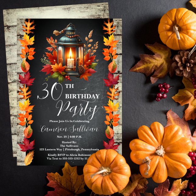 Rustic Lantern and Leaves Fall 30th Birthday Party Invitation (Candlelit Lantern and Fall | Autumn Leaves 30th Birthday Party Celebration Invitation)