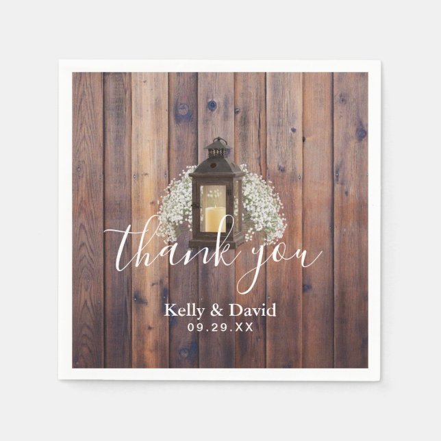 Rustic Lantern Baby's Breath Floral Barn Wedding Napkin (Front)