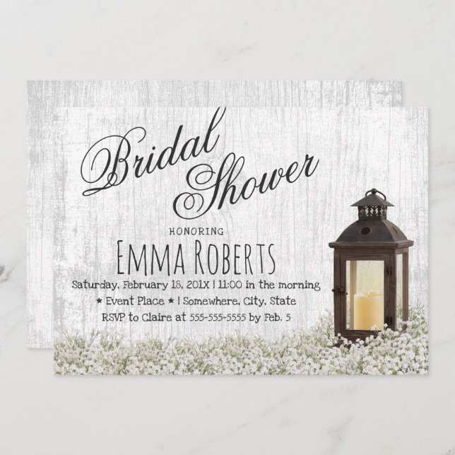 Rustic Lantern Baby's Breath Floral Bridal Shower Invitation (Front/Back)
