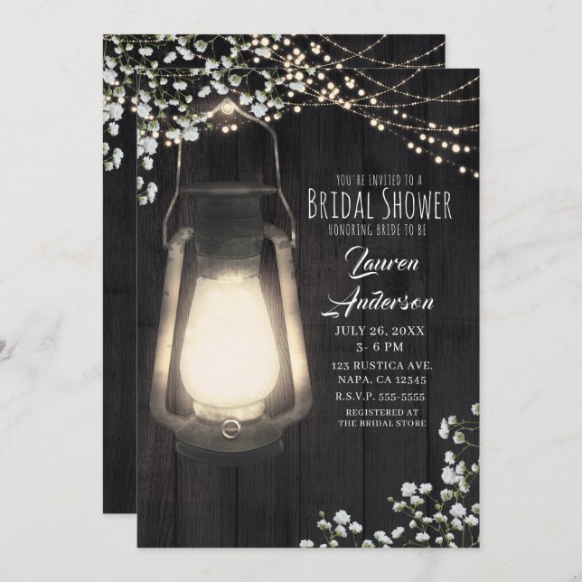 Rustic Lantern Baby's Breath Lights Bridal Shower Invitation (Front/Back)