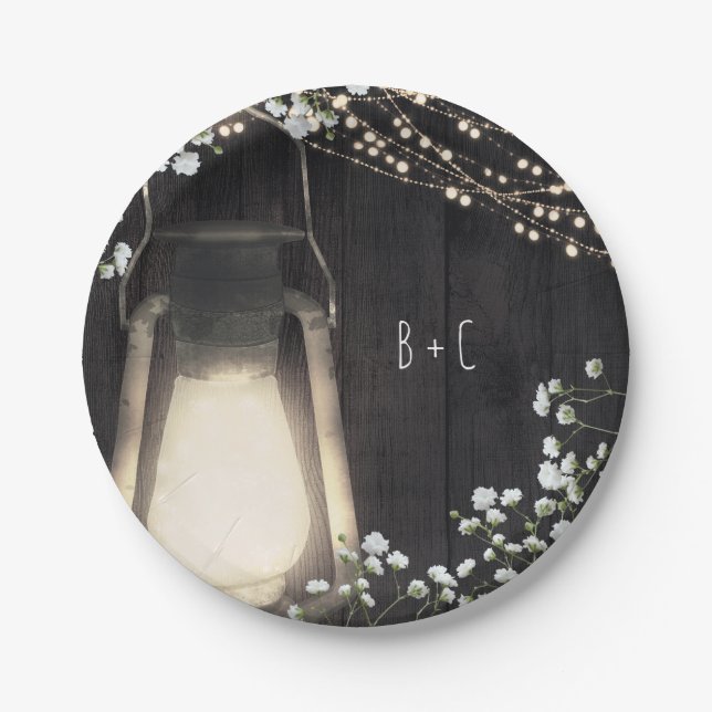 Rustic Lantern Baby's Breath & Lights Wedding Paper Plate (Front)