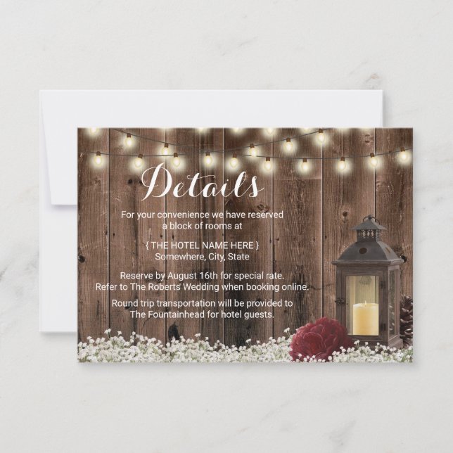 Rustic Lantern & Burgundy Flower Wedding Details Invitation (Front)